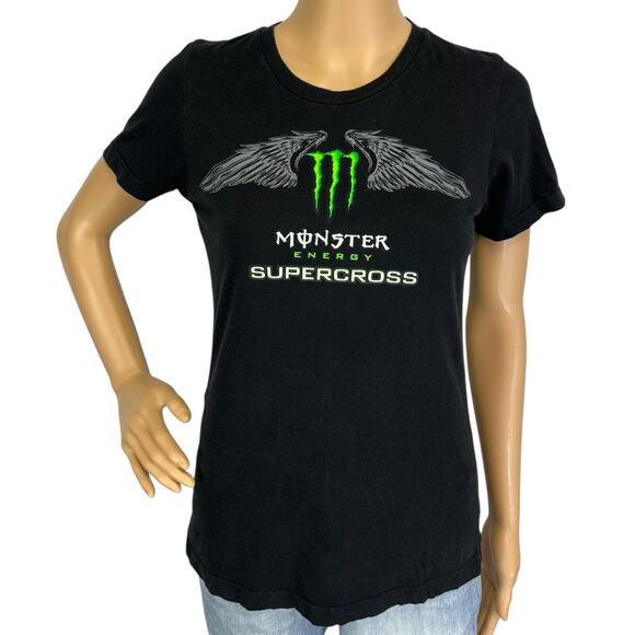 Vintage Y2K Monster Energy Supercross Shirt Black Motocross Wings Women's Size M - Picture 1 of 11